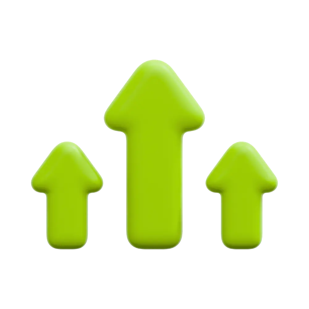 A 3D graphic of 3 arrows point upwards.