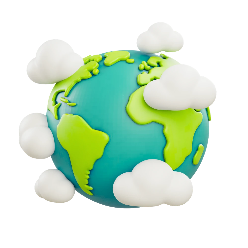 A 3D graphic of the earth with clouds around it.