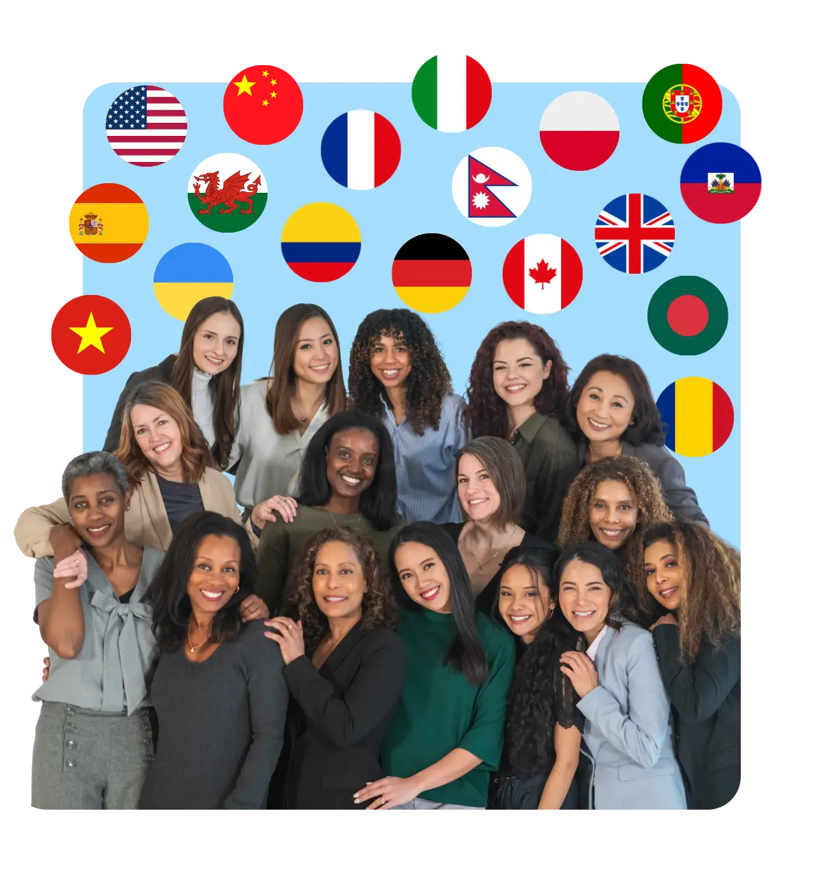 A group of women from multiple ethnic backgrounds and 18 flags behind them.