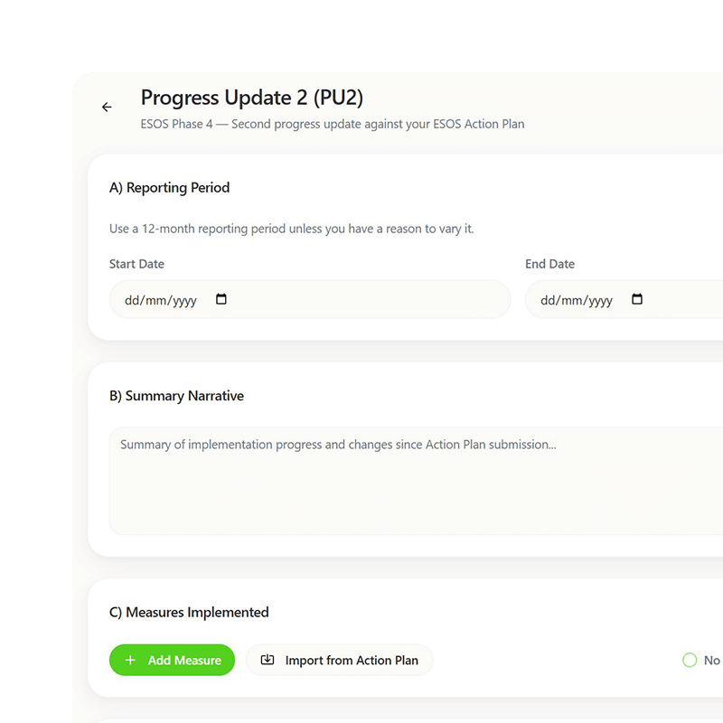 Progress Update 2 interface showing sections for reporting period with start and end date fields, summary narrative textbox, and buttons to add measure or import from action plan.