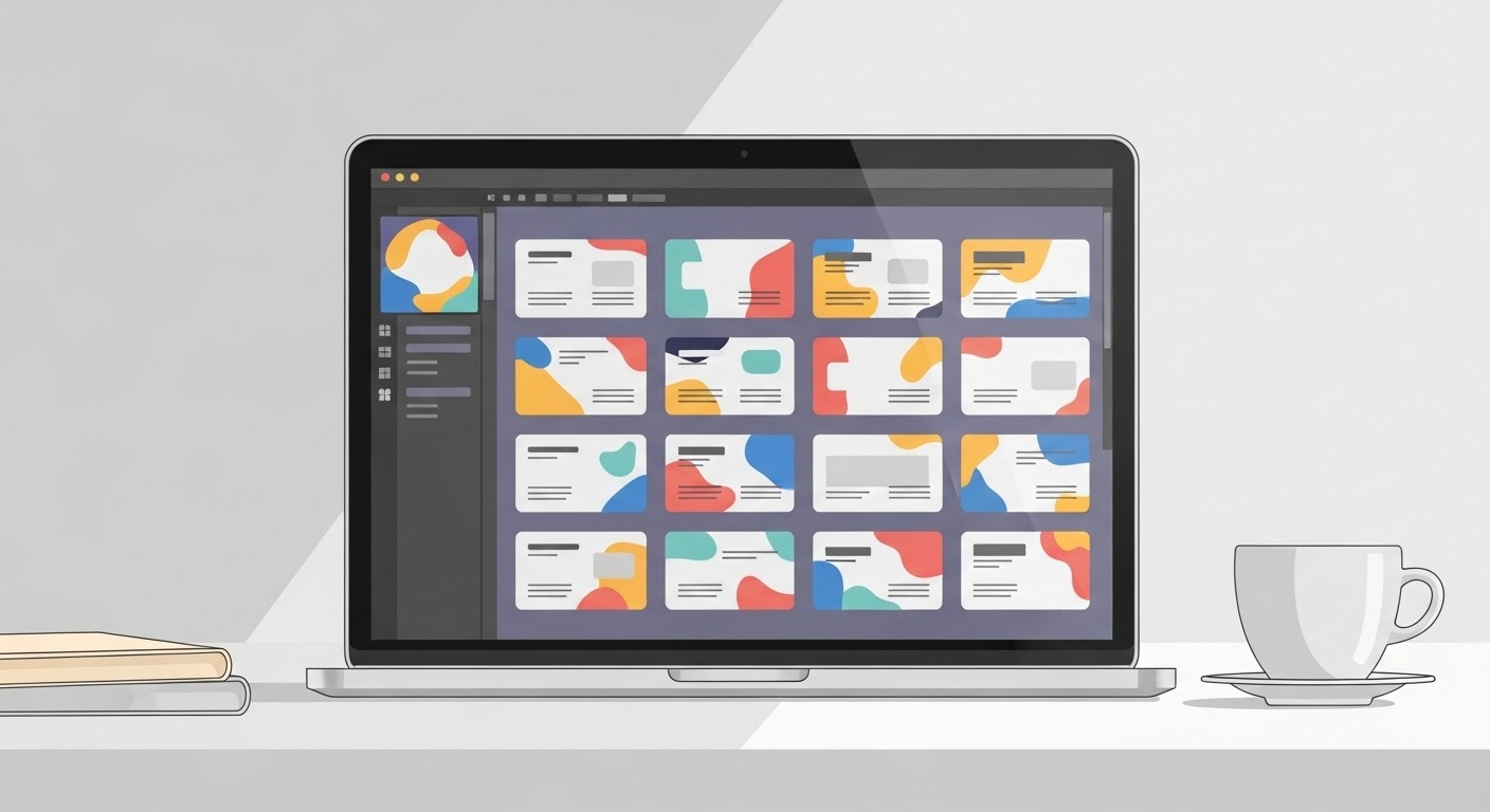 Laptop showing Canva business card templates (colorful grid). Creative desk setup with coffee cup.