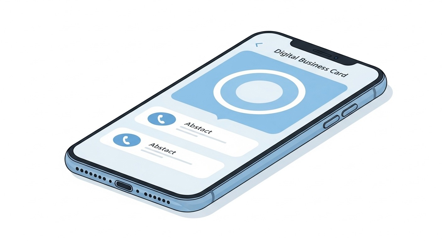 Modern smartphone mockup displays sleek blue/white digital business card app interface with profile photo & contact buttons.