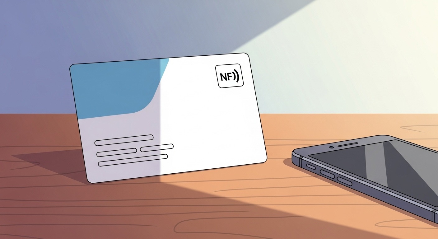 NFC digital business card with icon, next to a smartphone on a wooden table.