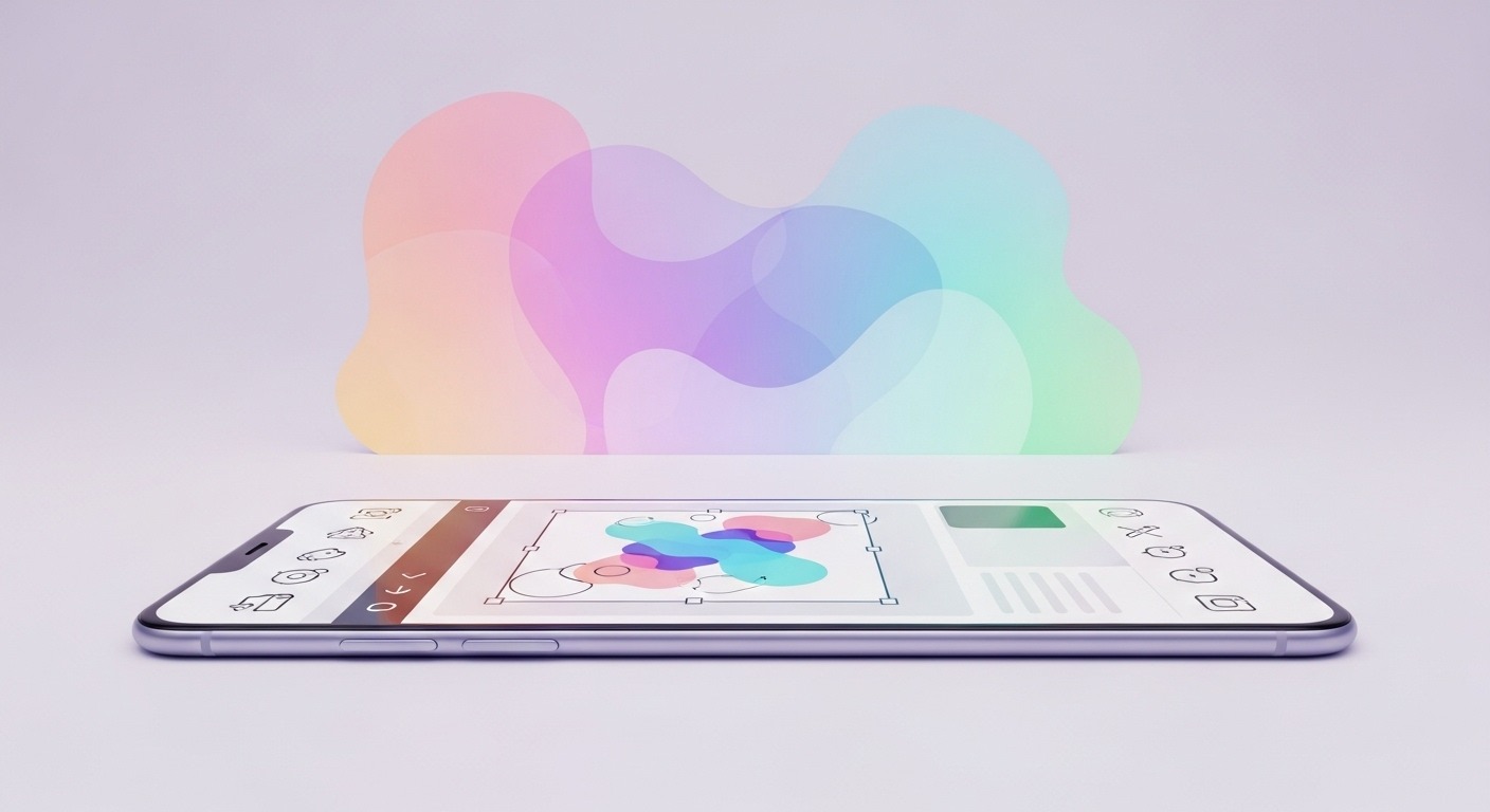 Smartphone with Adobe Express app designing colorful graphic card. Creative tools, artistic background visible.