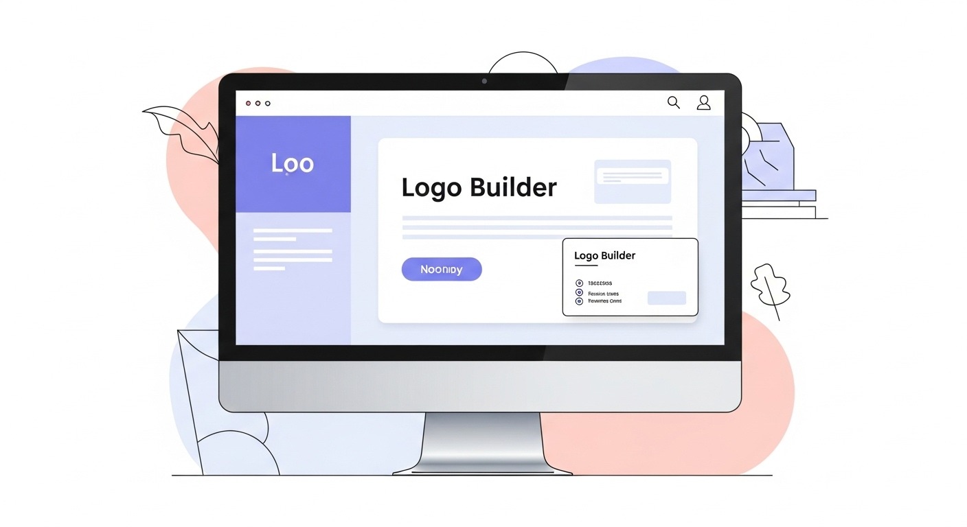 Design.com website on monitor: minimalist logo builder & business card layout.