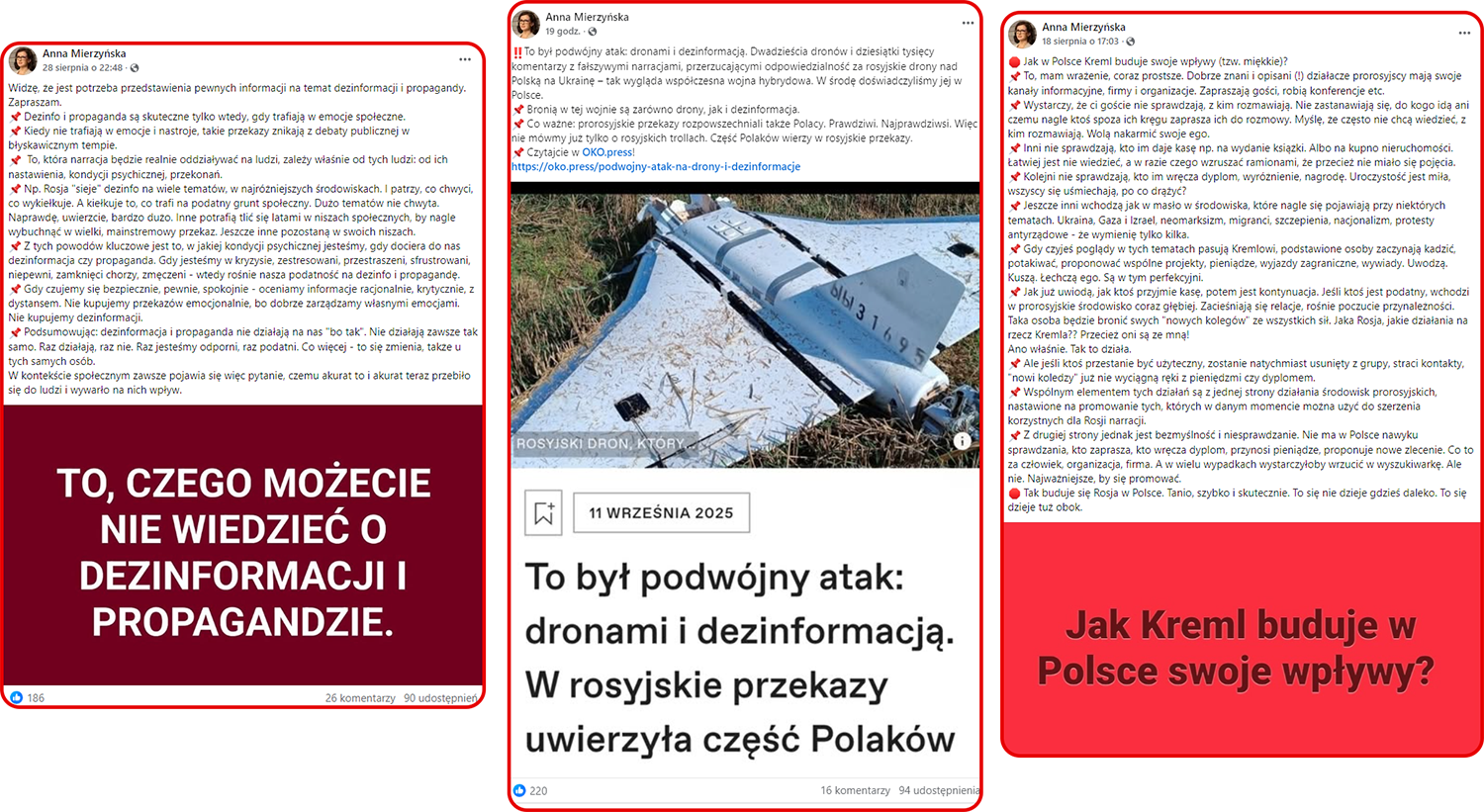 posty Anny Mierzyńskiej na Facebooku - w Polsce działają eksperci edukujący w zakresie dezinformacji