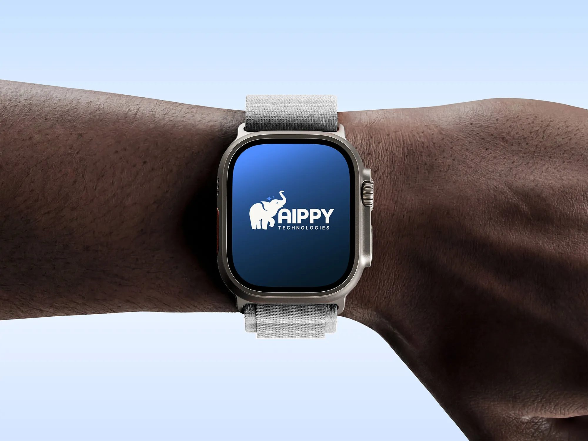 Aippy Technologies app icon displayed on an Apple Watch worn on a wrist.