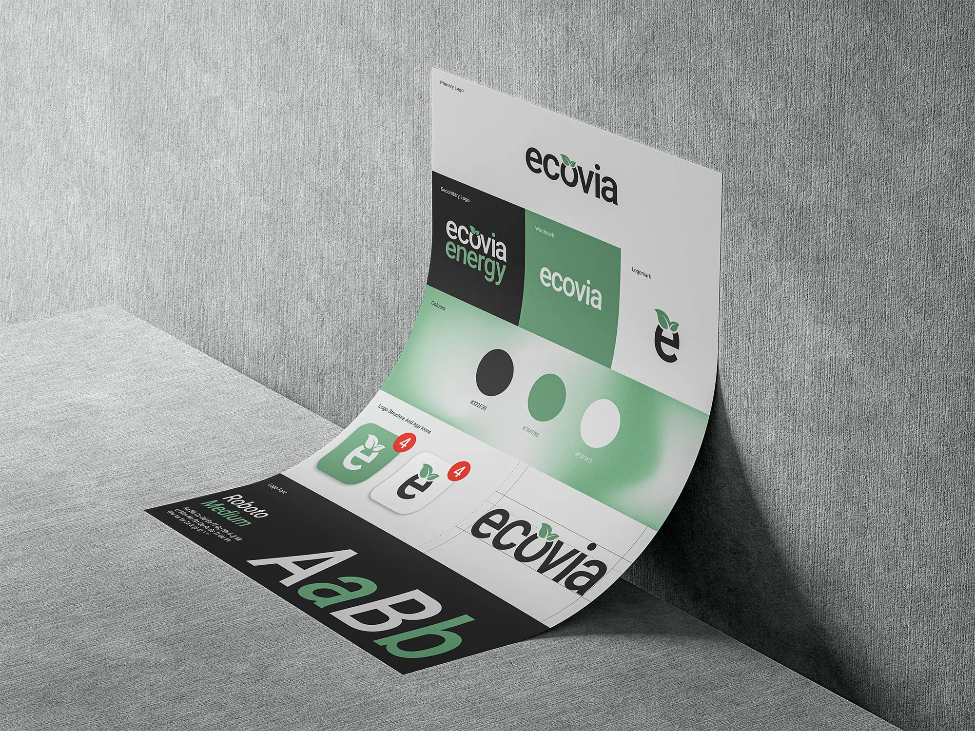 Ecovia brand sheet showing logo variations, a green colour palette, app icons and typography.