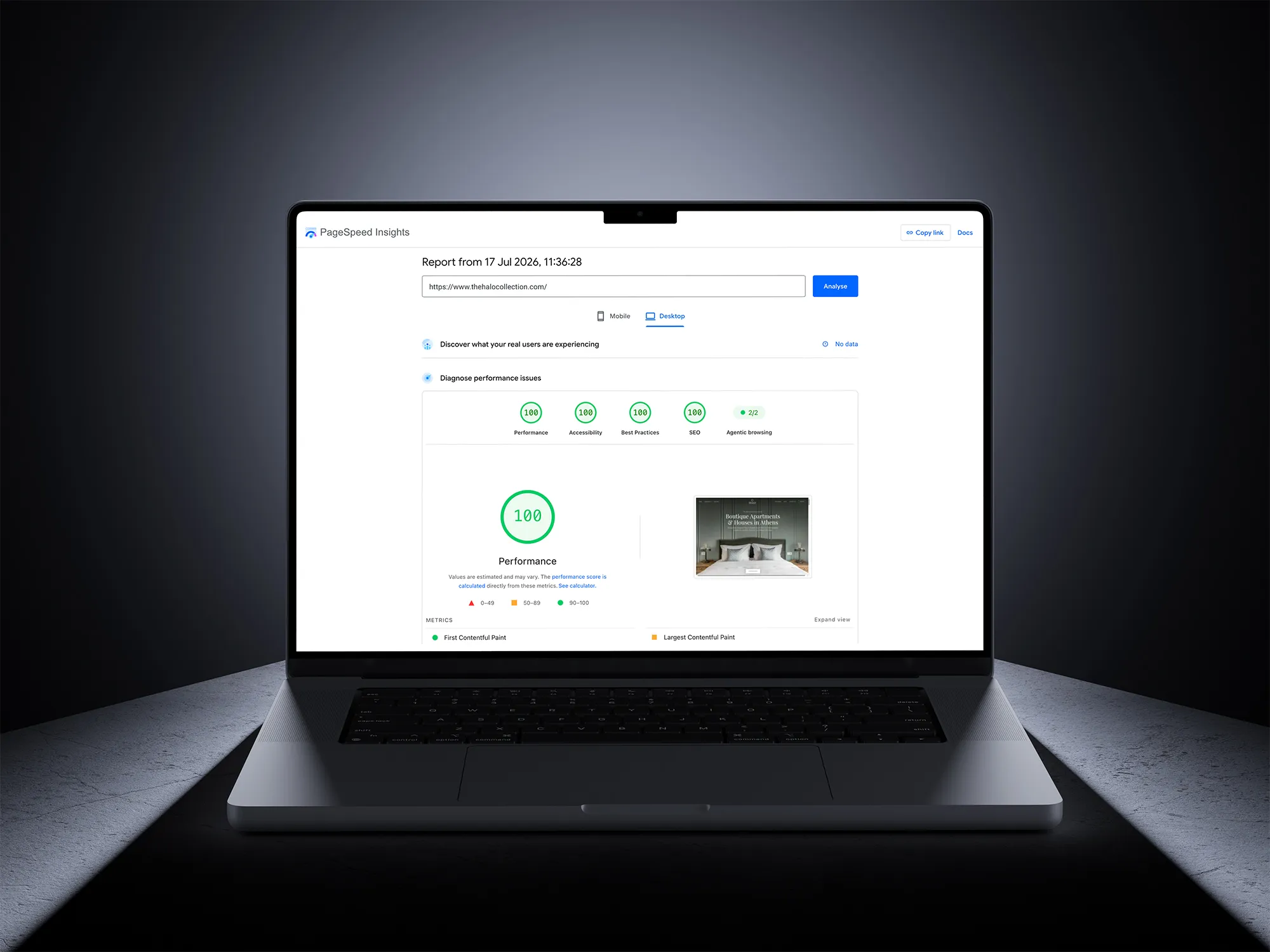 Google PageSpeed Insights report showing a 100 performance score for The Halo Collection website.