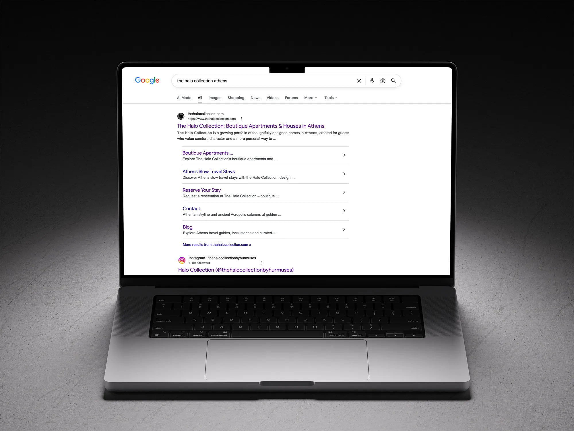 Google search results showing The Halo Collection website displayed on a laptop.