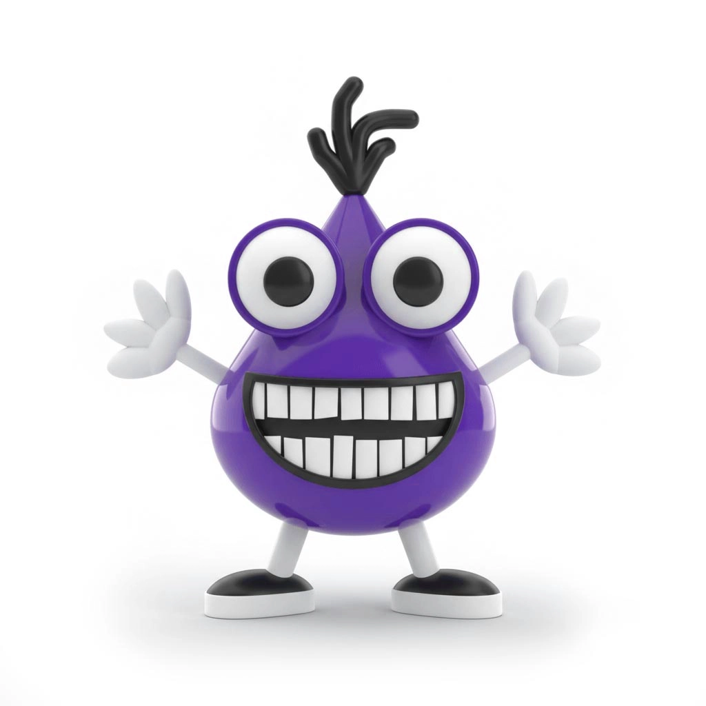 Purple cartoon character with large eyes, wide toothy smile, white gloved hands, and black shoes.