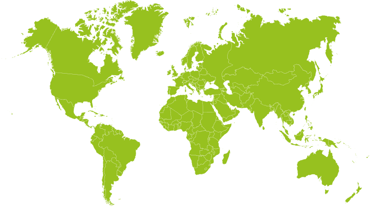 Political world map with countries outlined in light green on a black background.