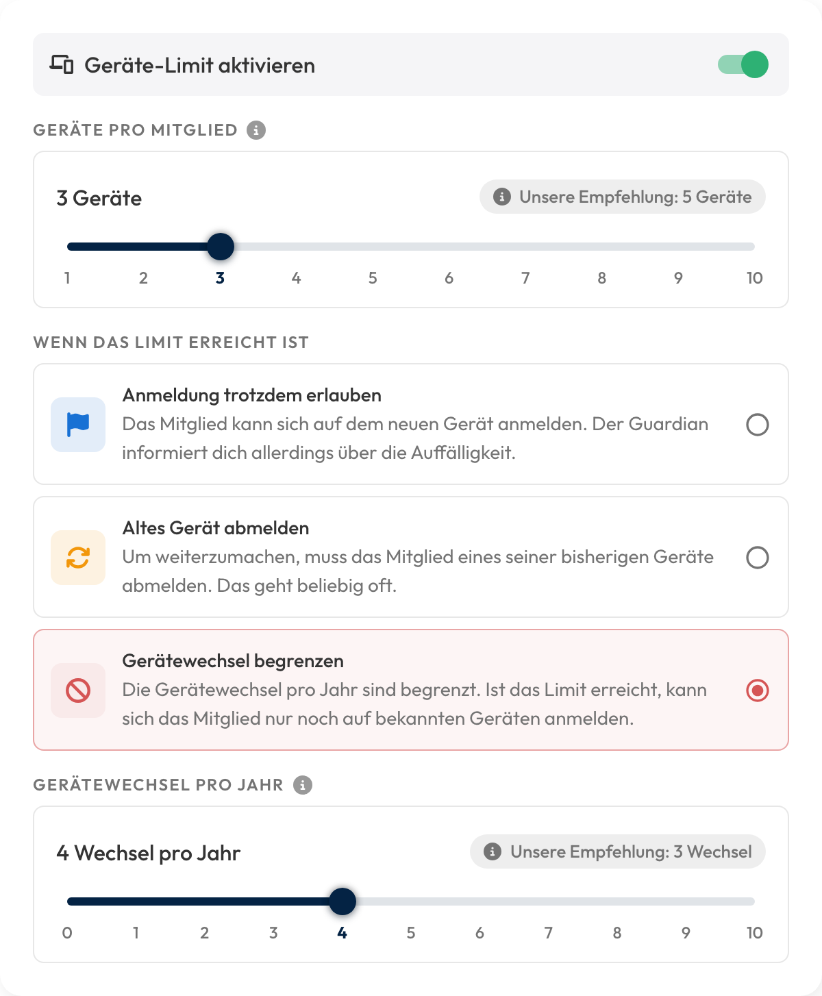 Einstellung Geräte-Limit: 3 Geräte pro Mitglied, Gerätewechsel begrenzen, 4 Wechsel pro Jahr