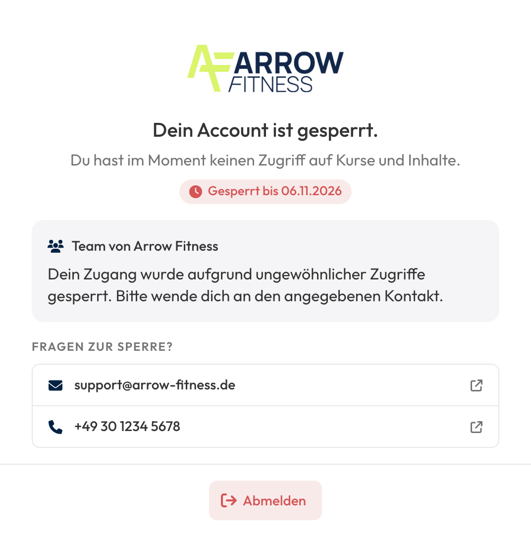 Sperrseite: Dein Account ist gesperrt, gesperrt bis 06.11.2026, mit E-Mail und Telefon als Kontakt