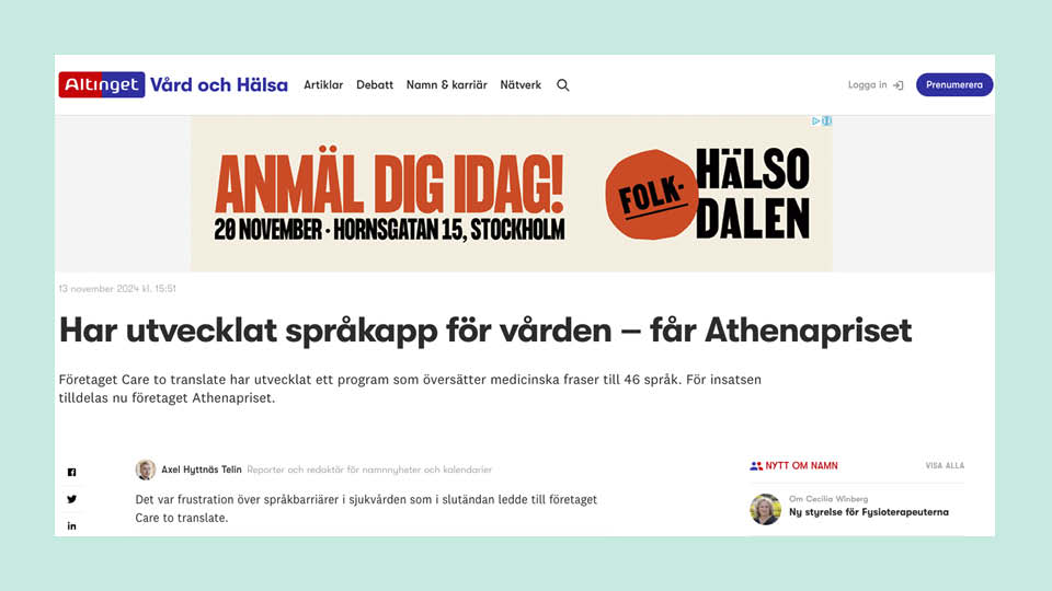 Har utvecklat språkapp för vården – får Athenapriset