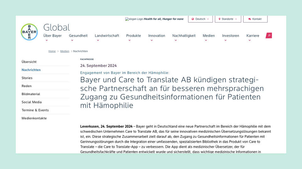 Bayer und Care to Translate AB kündigen strategische Partnerschaft an für besseren mehrsprachigen Zugang zu Gesundheitsinformationen für Patienten mit Hämophilie