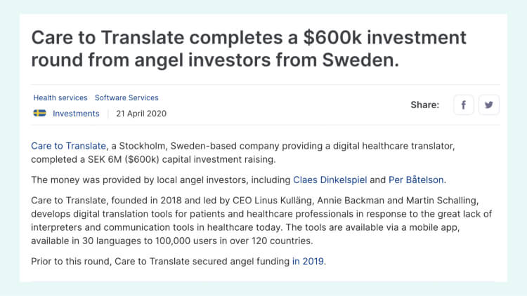 Care to Translate completes a $600k investment round from angel investors from Sweden
