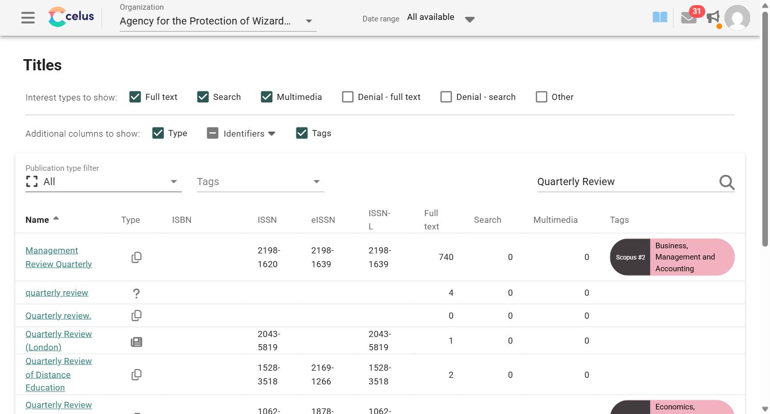 CELUS All titles page showing search results for Quarterly Review with Identifiers columns (ISBN, ISSN, eISSN, ISSN-L), including title variations with missing or different identifiers