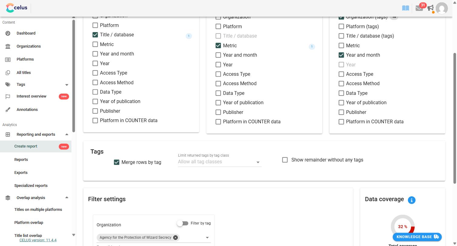 CELUS Create report screen with Title / database selected as rows and the Merge rows by tag option checked in the Tags section