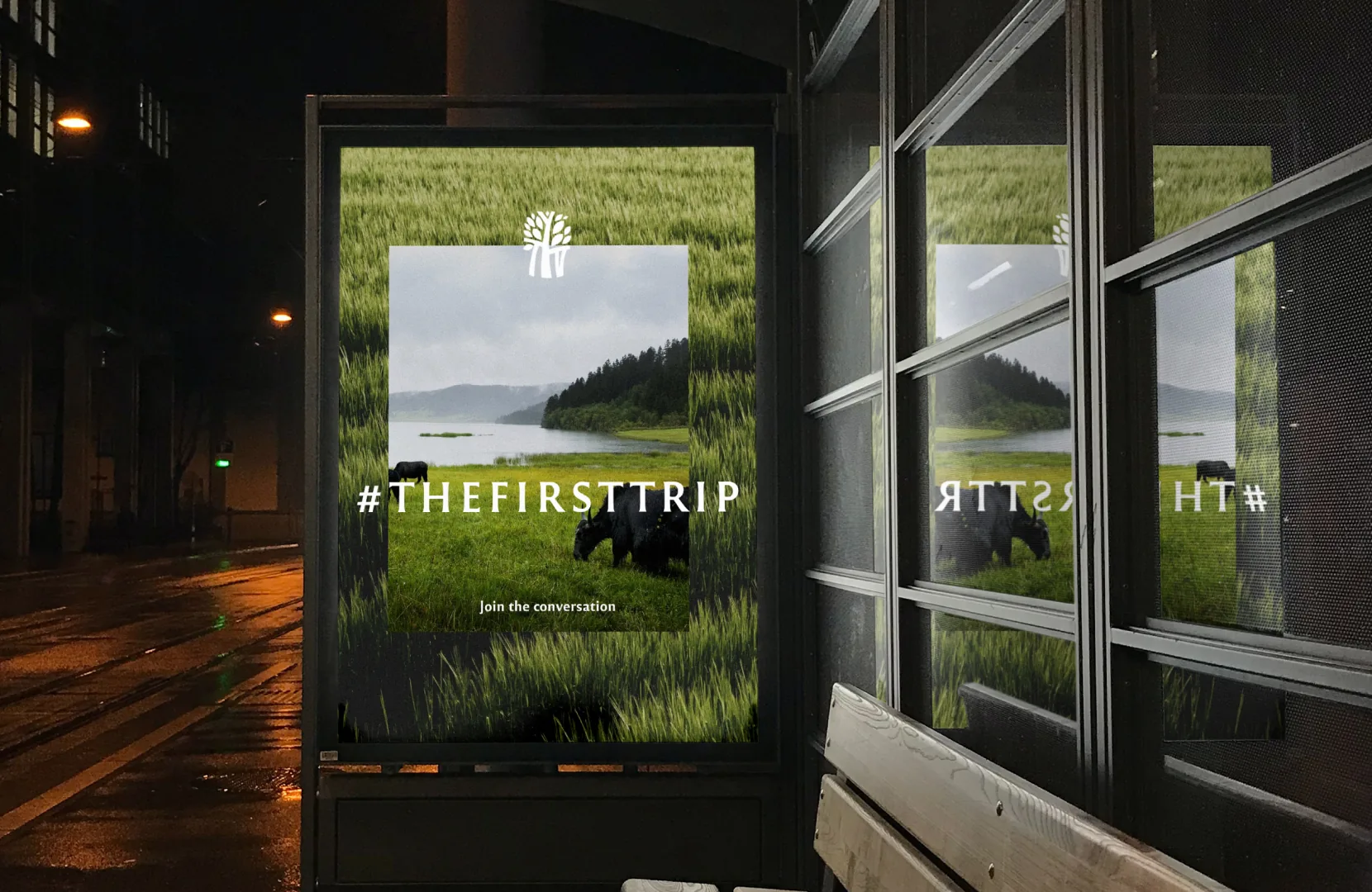 #TheFirstTrip campaign poster at a night bus stop
