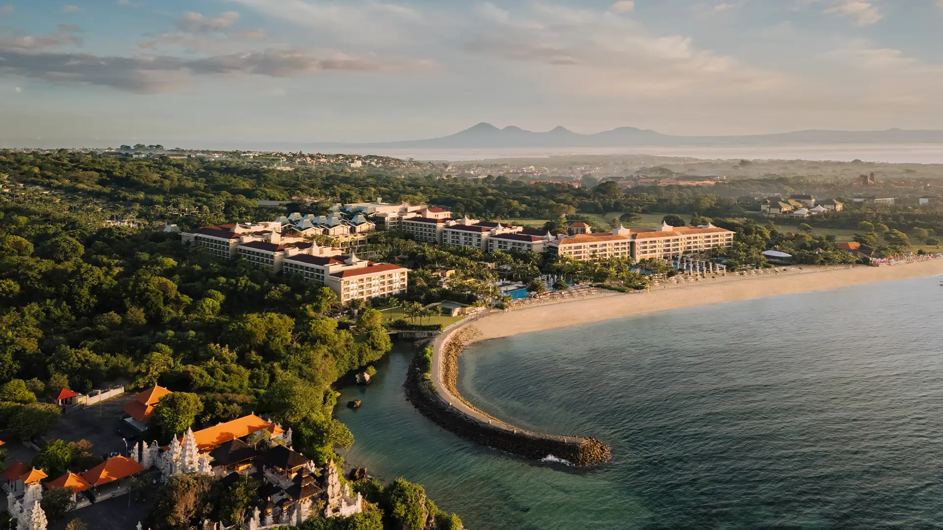 Aerial drone photograph of The Mulia resort in Bali — a luxury integrated beachfront property