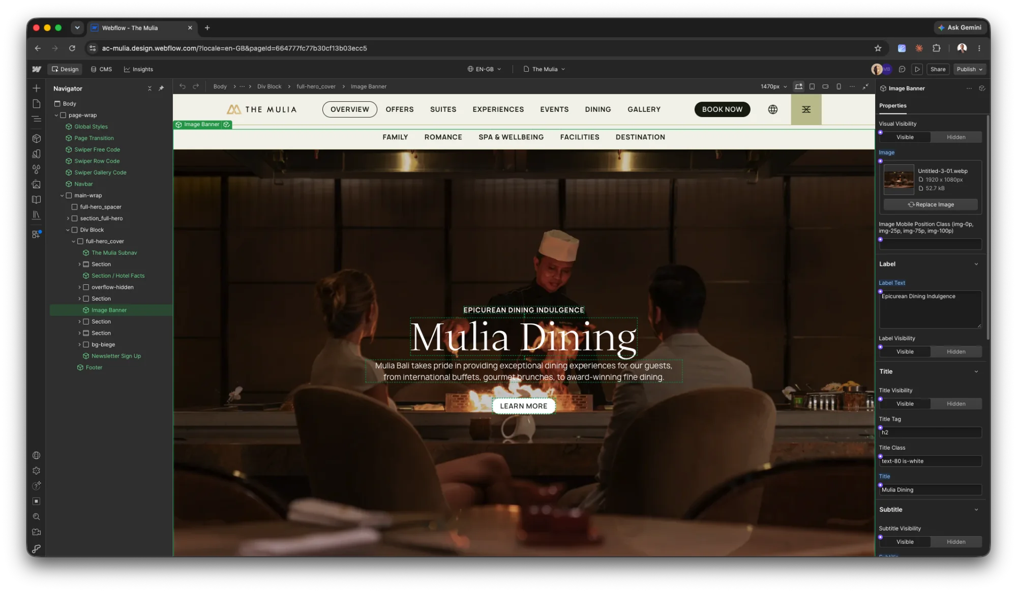 The Mulia's Image Banner component in the Webflow Designer, with its settings panel open on the right