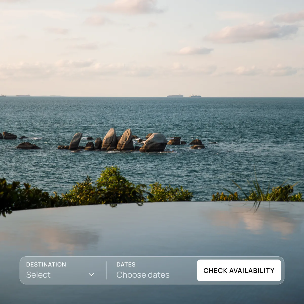Infinity pool overlooking the sea, with a hotel booking bar asking for destination and dates