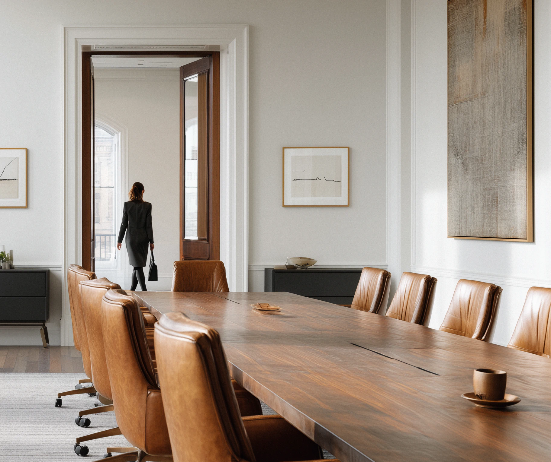Professional office interior featured on Legora’s website, showing a woman leaving a refined boardroom that reflects Legora's brand’s calm, confident, and sophisticated identity crafted by E&W Design Studio.
