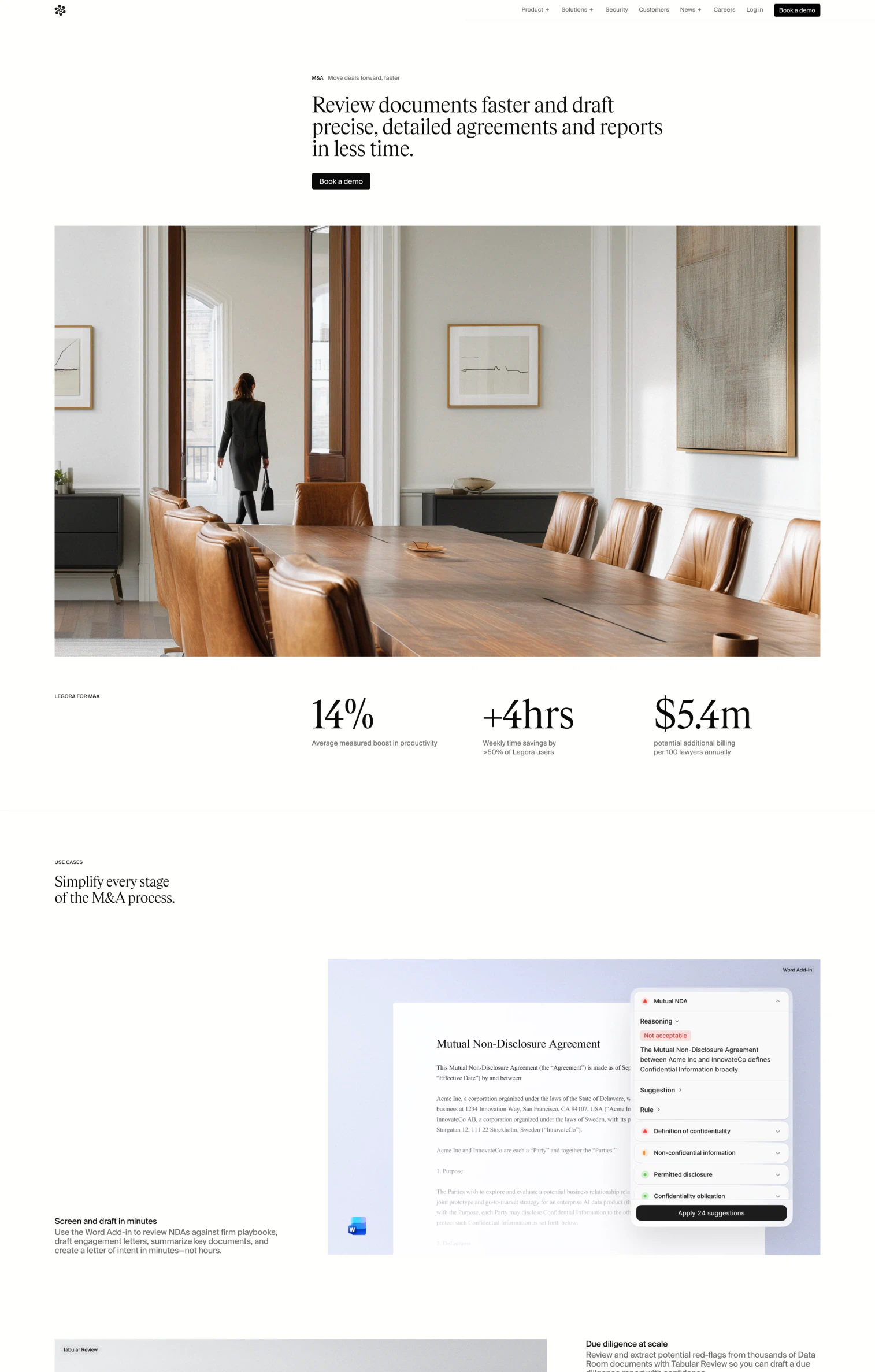 Legora M&A page showing a modern law office interior and interface for reviewing agreements, part of the clean, minimal website design by E&W Design Studio that reflects the brand’s calm and intelligent design language.