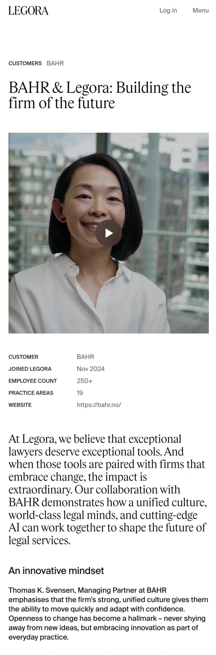 Legora mobile website customer case study page featuring the Legora logo and video for BAHR, designed by E&W Design Studio to highlight modern collaboration and innovation in legal tech.