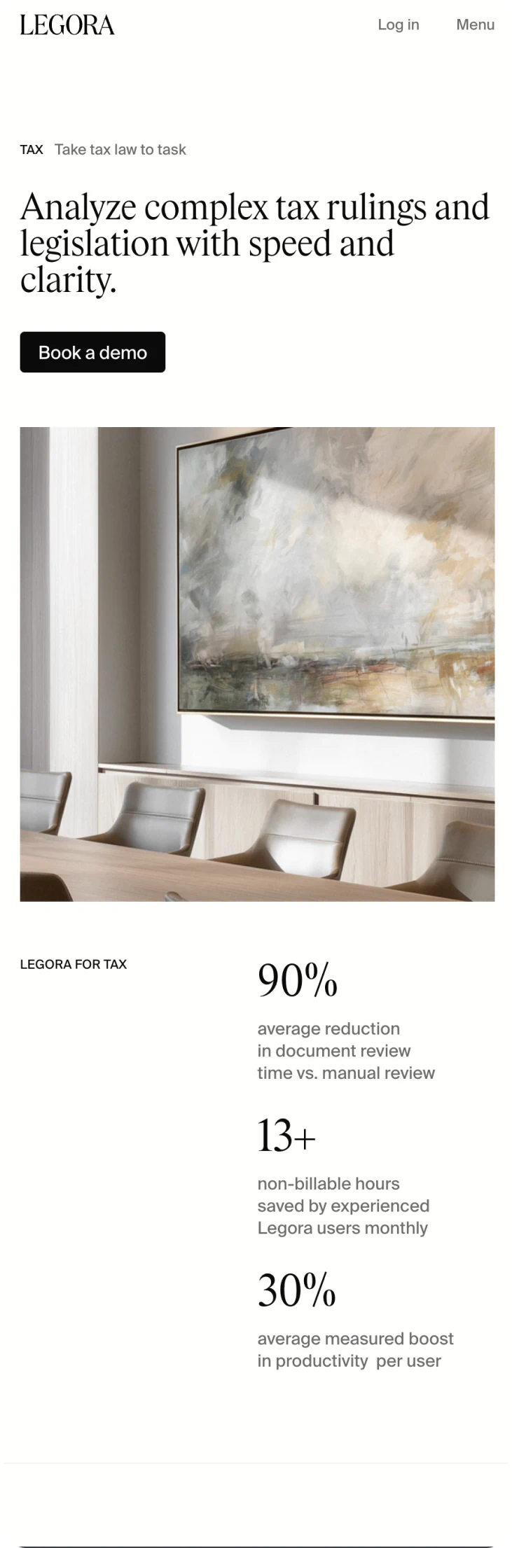 Legora mobile website design showing the Tax solutions page with the Legora logo and interior imagery, expressing the brand’s clarity and professional tone by E&W Design Studio.
