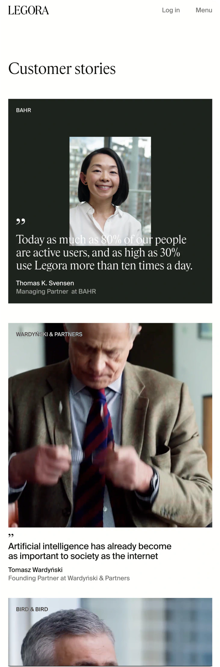 Legora mobile website design featuring the Customer Stories page with the Legora logo and client testimonials, reflecting E&W Design Studio’s elegant, human-centered digital design.