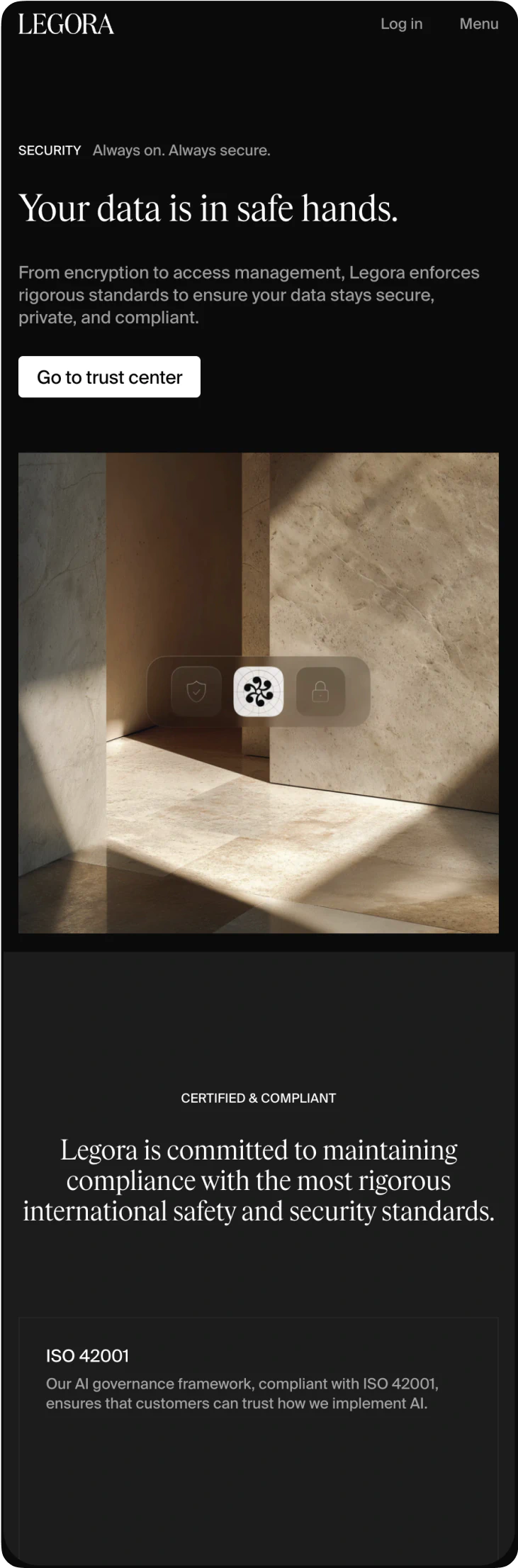 Legora mobile website design showing the Security page with the Legora logo, headline “Your data is in safe hands,” and brand imagery reflecting trust and protection designed by E&W Design Studio.