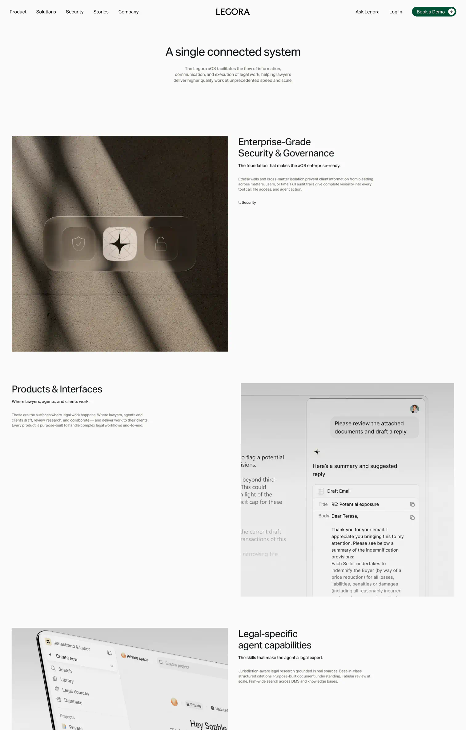 Legora M&A page showing a modern law office interior and interface for reviewing agreements, part of the clean, minimal website design by E&W Design Studio that reflects the brand’s calm and intelligent design language.
