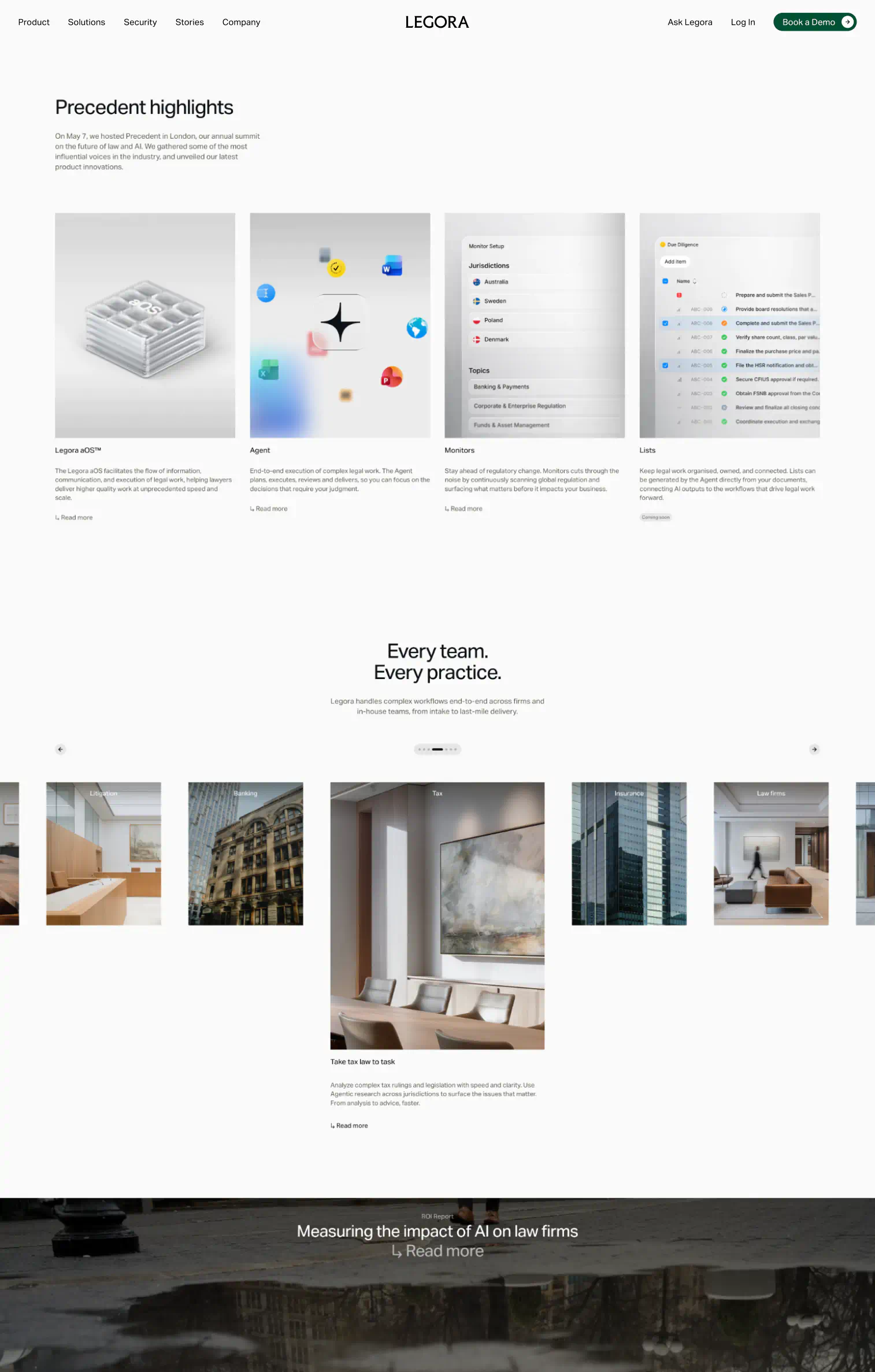 Legora M&A page showing a modern law office interior and interface for reviewing agreements, part of the clean, minimal website design by E&W Design Studio that reflects the brand’s calm and intelligent design language.