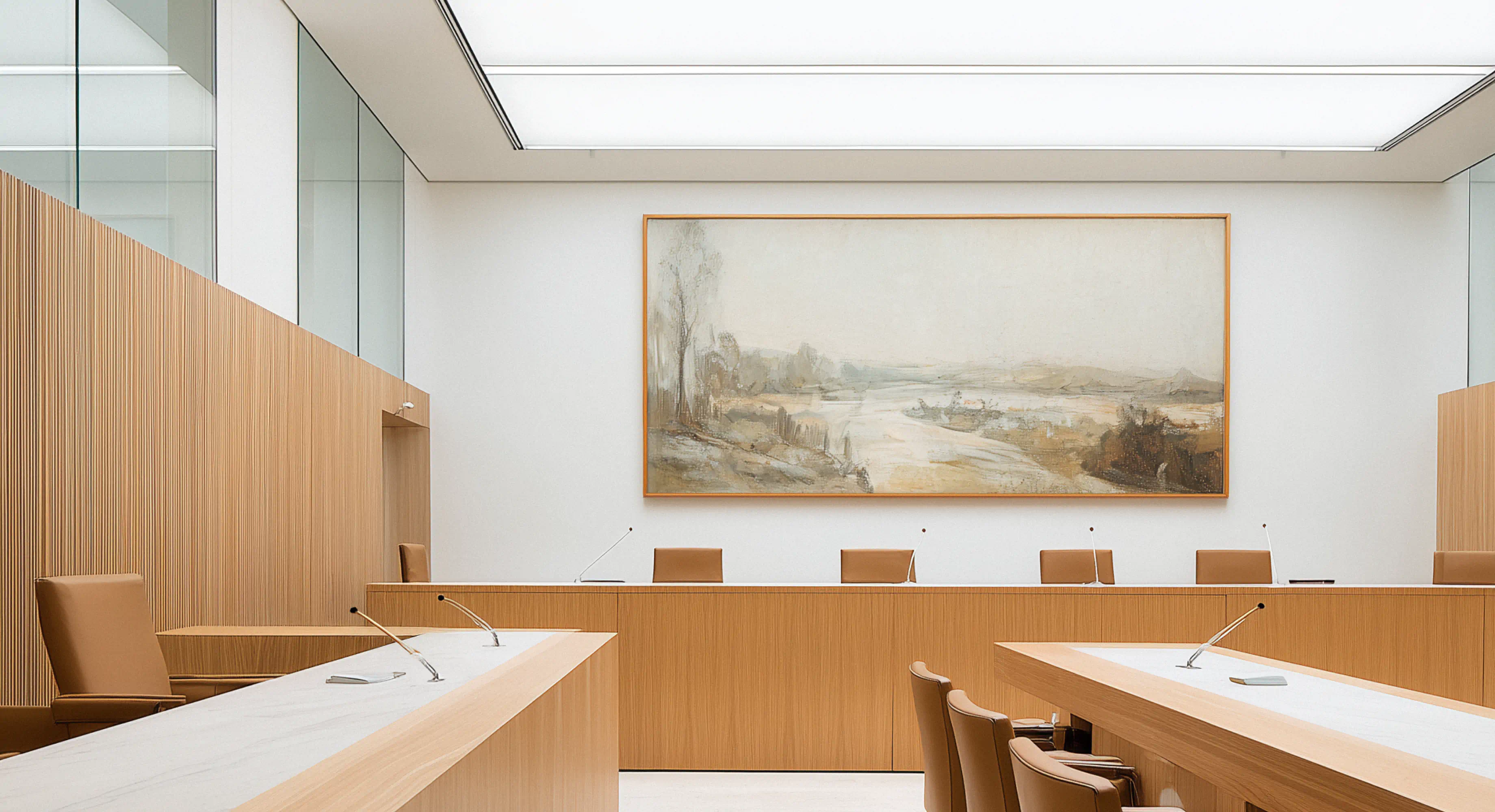 Interior imagery featured on Legora’s website showing a calm, modern meeting room with warm light and abstract artwork, reflecting the brand’s sophisticated and trustworthy identity