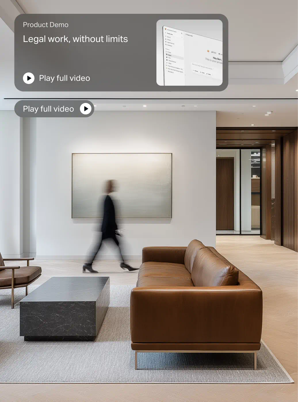 Legora’s logo in a glass-like UI element surrounded by security icons, placed within a softly lit stone environment that mirrors the brand’s trustworthy and elegant visual identity created by E&W Design Studio.