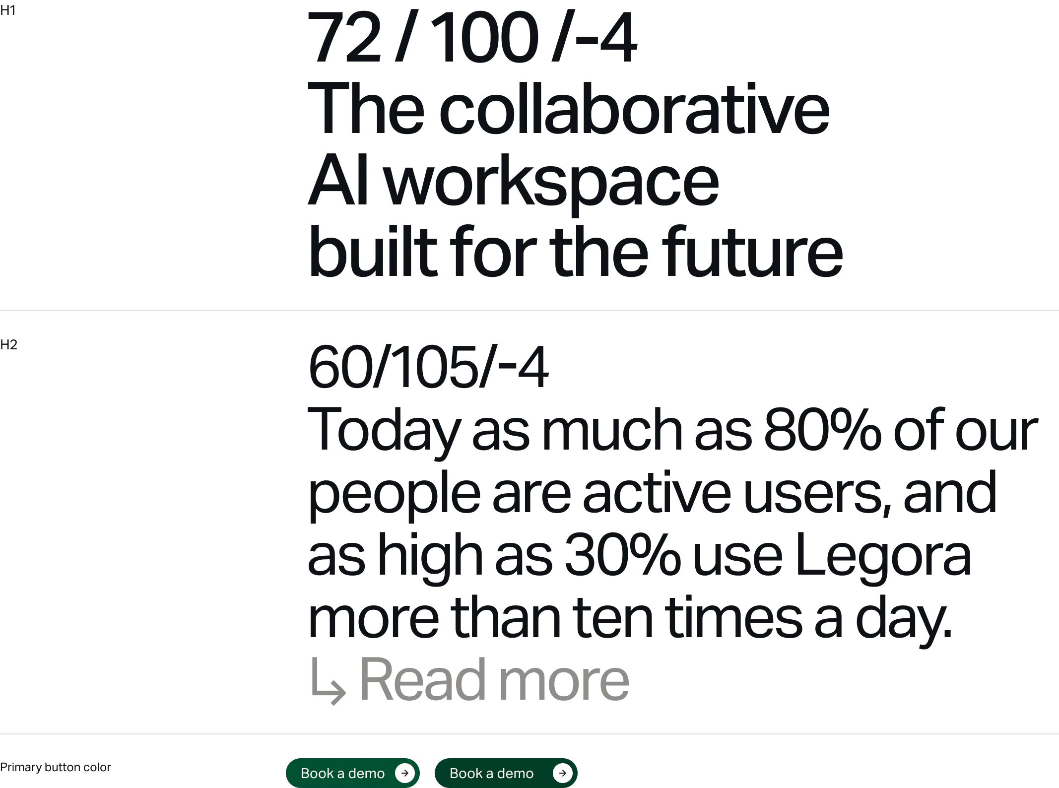 Typography system from Legora’s website showcasing H1–H6 heading styles in the brand’s refined serif font, designed by E&W Design Studio to convey clarity, professionalism, and cohesive brand identity across the digital design system.