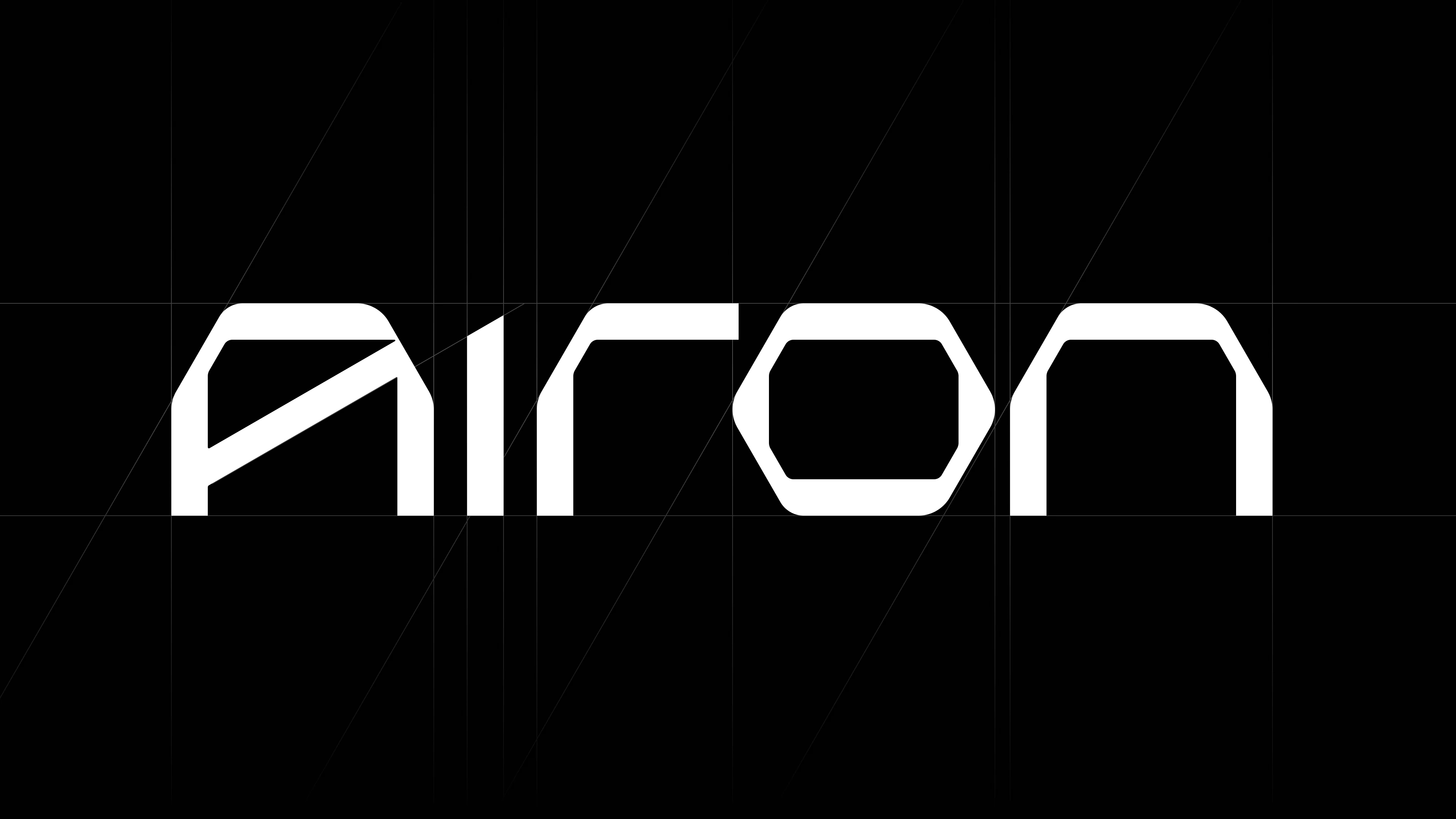 Airon wordmark in white chamfered letterforms on black, with construction grid, from the identity by E&W Design Studio.