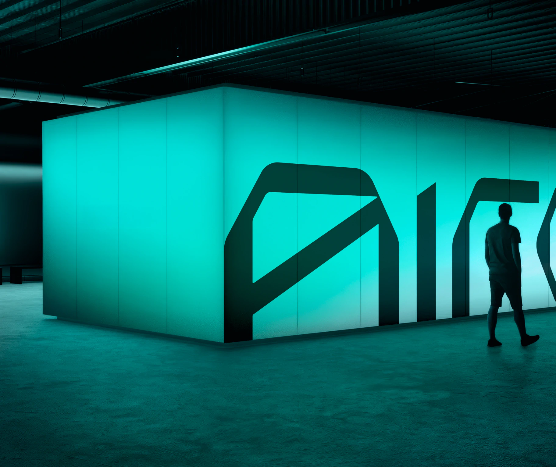 Airon logotype on a glowing turquoise light wall in a dark interior, with a person walking past.