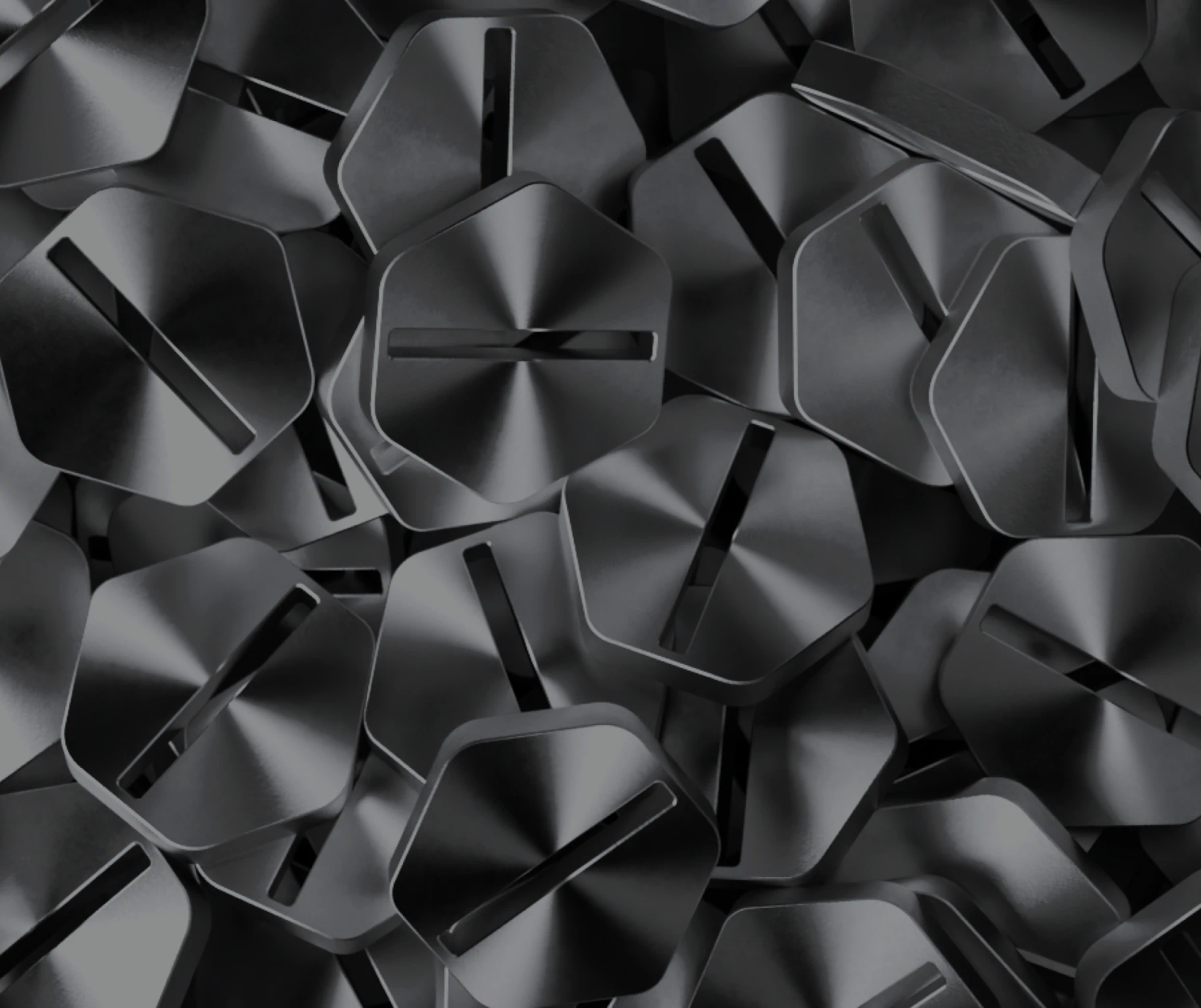 3D render of scattered brushed-metal Airon bolt symbols filling the frame, made in Blender for the identity.