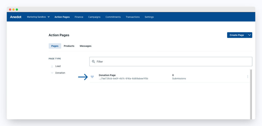 Anedot Action Pages Dashboard