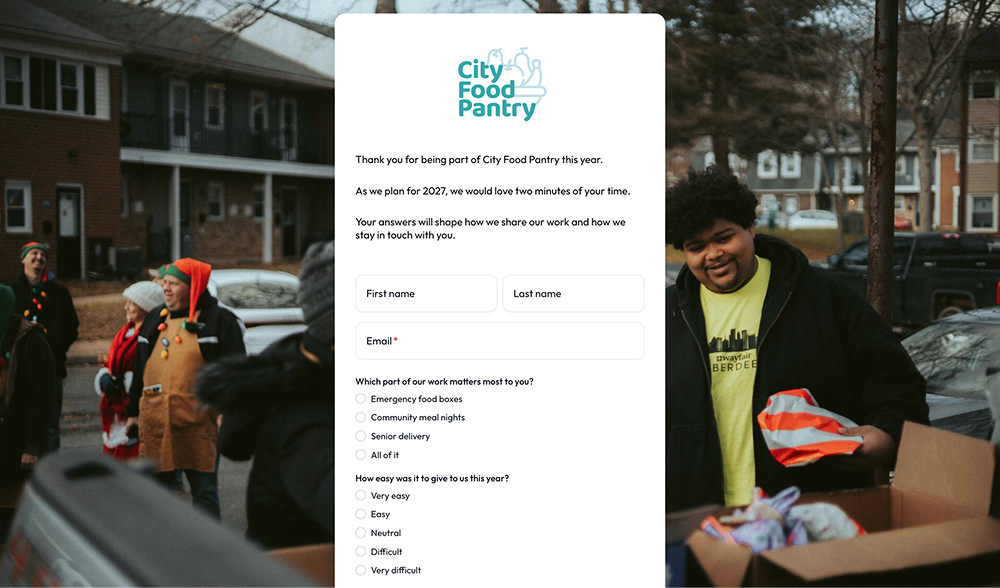 Year-end donor survey Lead Page example for a food pantry
