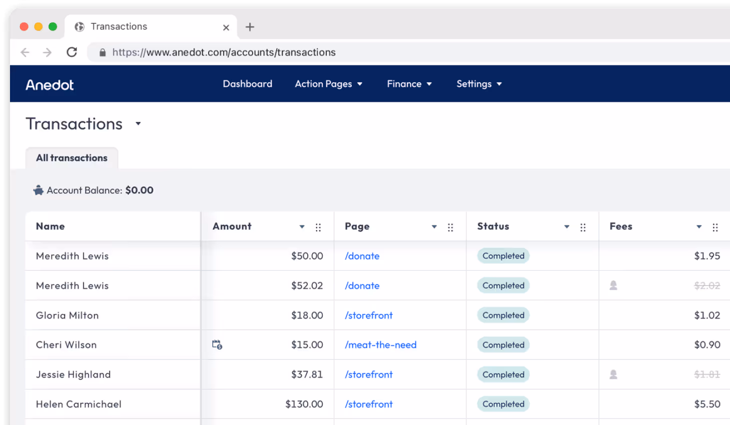 Anedot Transactions View