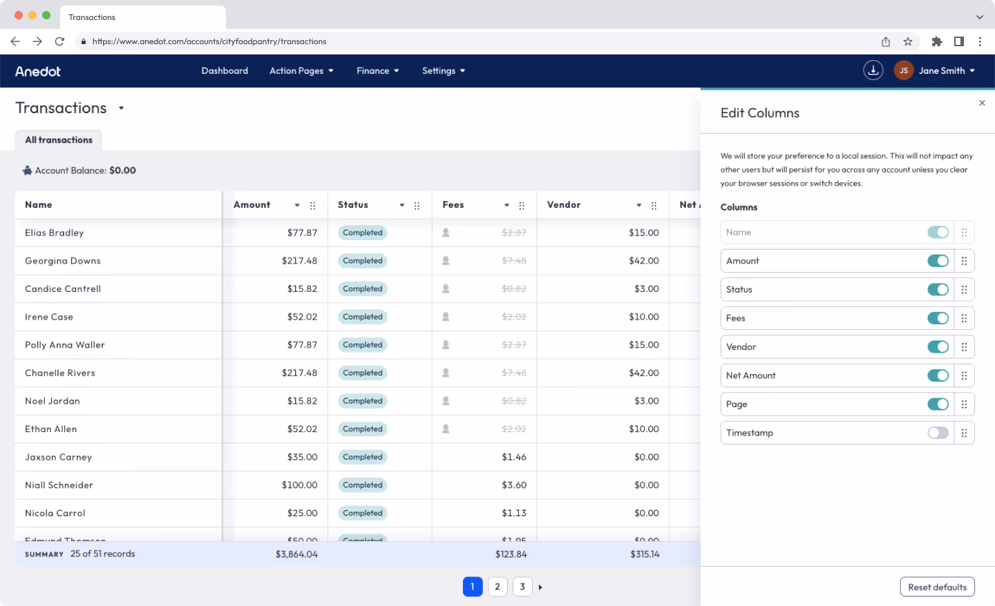 Transactions Edit Columns Screenshot