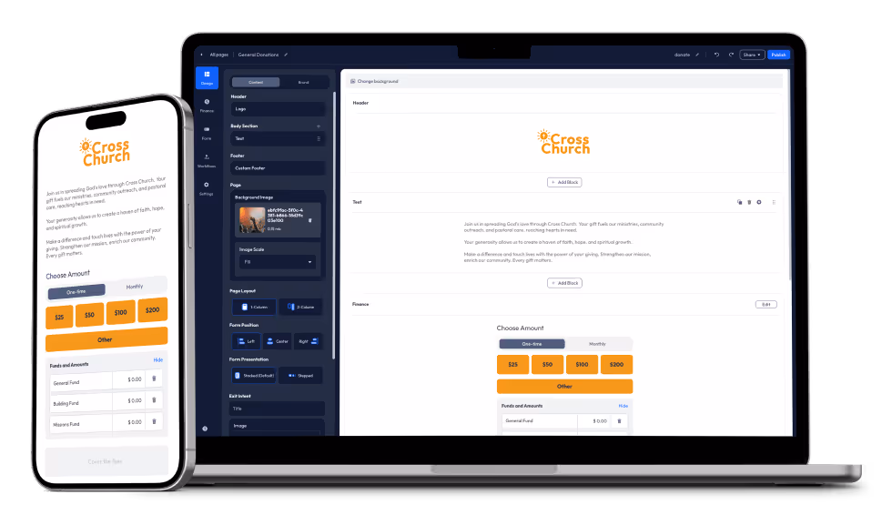Church and Ministry Action Page Builder Example on Mobile and Desktop