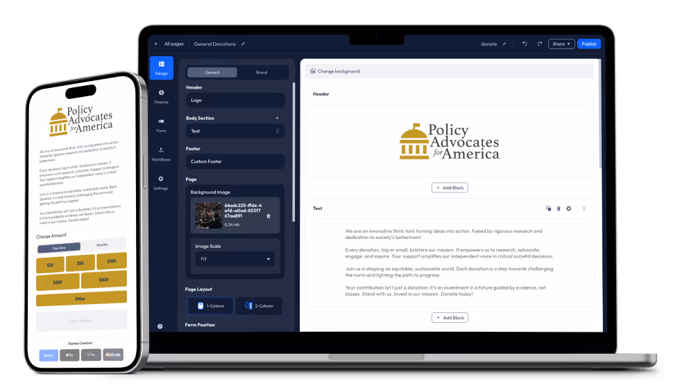 Political Campaign Action Page Builder Example on Mobile and Desktop