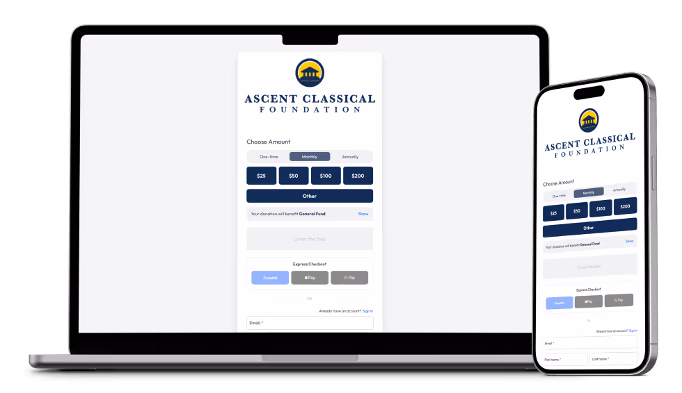 Ascent Classical Foundation Action Page Builder Example on Mobile and Desktop