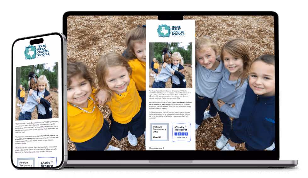 Texas Public Charter Schools Association Action Page Builder Example on Mobile and Desktop