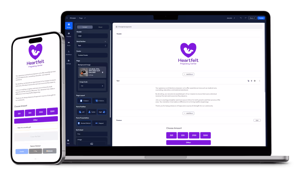 Heartfelt Pregnancy Center Action Page Builder Example